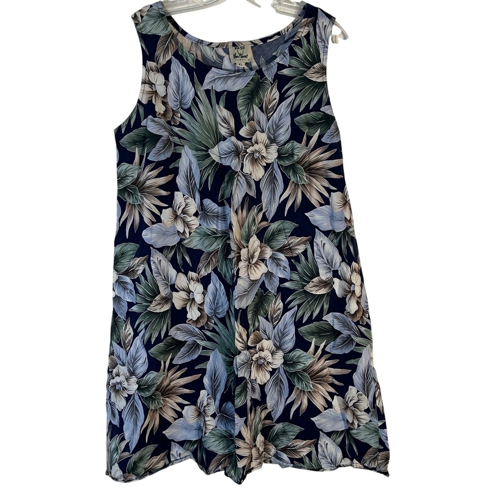 Pau Hana Hawaii Floral Tropical Shift Dress XL Navy Blue Sleeveless Cotton Blend